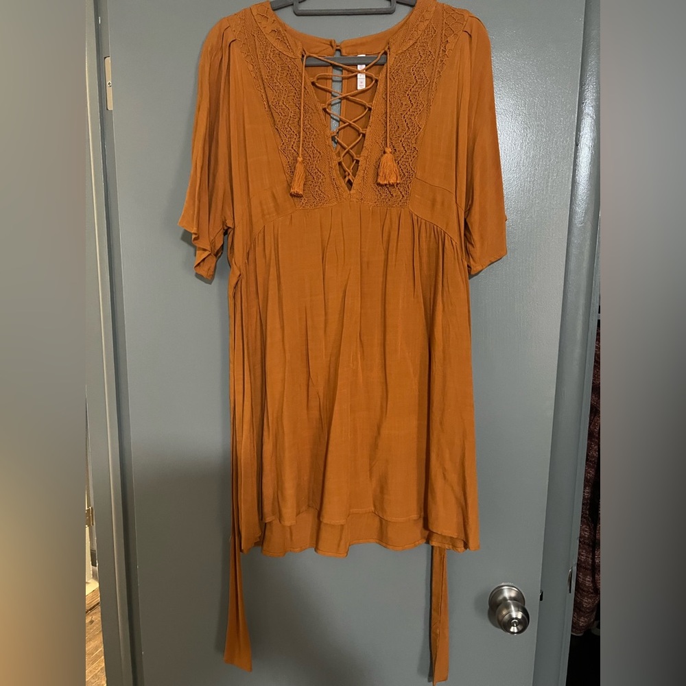 Front Lace Up Low Cut Mustard Dress